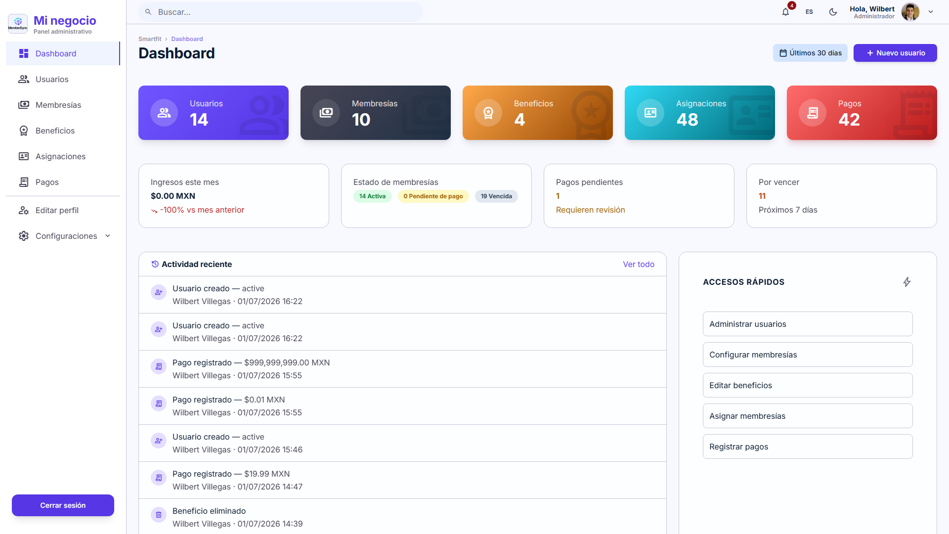 Panel de administración MemberSync